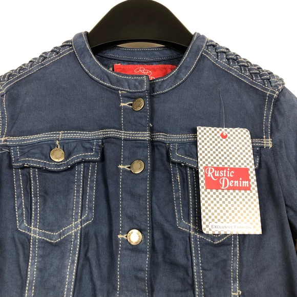 Rustic Denim Distressed Denim Jacket With Woven Leather Shoulder Size M Juniors - Picture 5 of 12